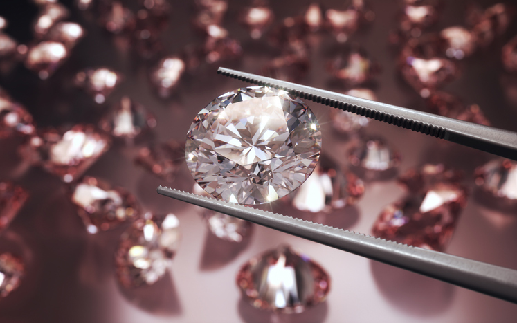 3d Render Examination of a Shiny Diamond Held with Tweezers Among Reflective Diamond Particles with Depth of Field (Depth Of Field)